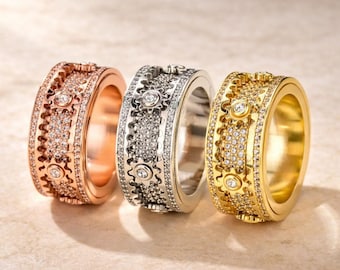 Anneau de filage engrenage en argent sterling, anneau de vitesse, anneau anti-anxiété, bijoux d'inspiration mécanique, cadeau pour passionné de voiture