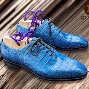 Men’s Luxury Blue Crocodile Oxford Shoes, Handmade Genuine Leather Dress Shoes, Formal Wedding Shoes for Men, Luxury Business Oxfords