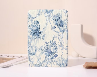 Retro blauwe bloemen aanpasbare hoes voor Kobo Clara Color, Kobo Libra Color, Paperwhite 11 12th, Kindle 2024, Kindle 12th, Kindle Colorsoft, band