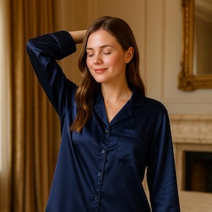 100% Pure Mulberry Silk Pajama Set,Luxury Silk Pajama Set – Long Sleeve. Navy Blue Silk Loungewear Gift for Her