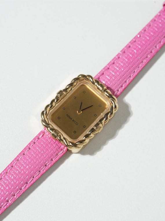 Vintage Nina Ricci Ladies Watch – Gold Square Case, Pink Leather Strap