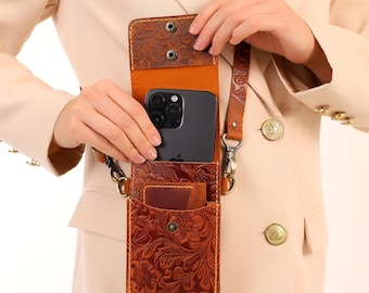Embossed Leather Phone wallet Purse: Floral Shoulder Crossbody Bags