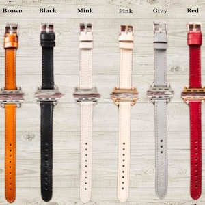 Handmade genuine leather slim beaded Apple Watch bands — available in 8 stunning colors: red, pink, black, brown, green, mink, purple, and gray. Each 14mm strap is crafted from premium full-grain leather with elegant beads and stainless steel connectors, offering a perfect fit, timeless style, and everyday comfort for all Apple Watch models. Ideal personalized gift for her. apple watch series 11 bands for women- new iPhone watch strap Etsy