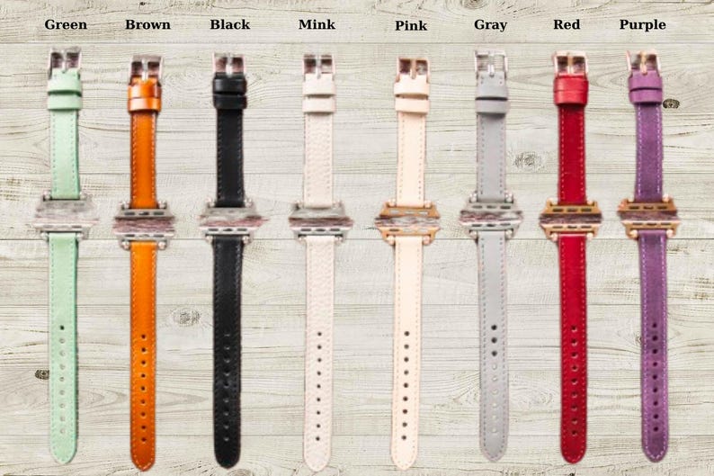 Handmade genuine leather slim beaded Apple Watch bands — available in 8 stunning colors: red, pink, black, brown, green, mink, purple, and gray. Each 14mm strap is crafted from premium full-grain leather with elegant beads and stainless steel connectors, offering a perfect fit, timeless style, and everyday comfort for all Apple Watch models. Ideal personalized gift for her. apple watch series 11 bands for women- new iPhone watch strap Etsy