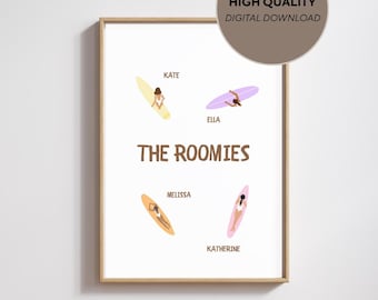 Custom Surfer Girl Roommate Print: Personalized Dorm Wall Art (Digital Download)