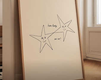 Stars How Lucky Are We Minimalist Printable Poster: Retro Illustration Hand Drawn (Digital Download)