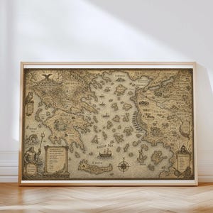May include: A rectangular wall art print featuring an antique-style map of ancient Greece. The map displays geographical regions, islands, and seas with detailed illustrations of mythological figures, ships, and a compass rose in sepia tones.