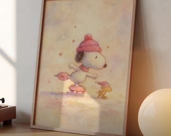 Snoopy Woodstock Ice Skating Watercolor Printable Poster: Winter Christmas Decor Wall Art (Digital Download)