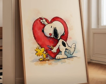 Snoopy Woodstock Valentine's Day Watercolor Printable Poster (Digital Download)