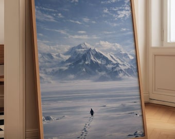 Póster imprimible de "El viaje del pingüino nihilista solitario": paisaje polar surrealista inspirado en Werner Herzog