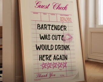 Funny Bartender Guest Check Printable Poster: Pink Bar Wall Art (Digital Download)