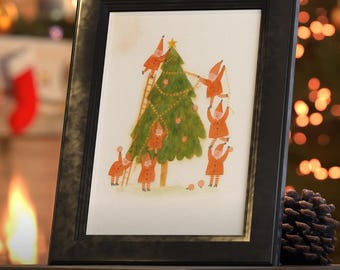Watercolor Christmas Tree Elves Poster: Holiday Decor (Digital Download)