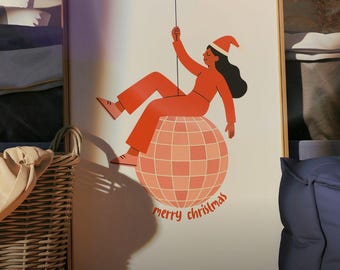 Christmas Disco Ball Girl Poster: Holiday Party Festive Retro Red & Orange Christmas Decor