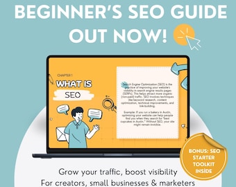 May include: A digital marketing guide titled "Beginner's SEO Guide Out Now!" is displayed on a laptop screen. The guide covers SEO techniques, keyword research, and content optimization. A bonus SEO starter toolkit is included.