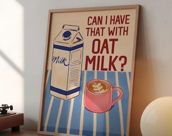 Funny Vegan Kitchen Printable Poster:  Oat Milk Retro Coffee Cart Decor (Digital Download)