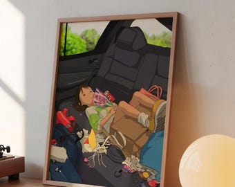 Impresión de El Viaje de Chihiro: Escena del Auto de Chihiro, Arte Anime de Ghibli (Descarga Digital)