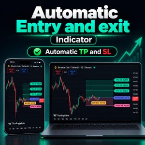 May include: A smartphone and a laptop displaying a trading chart with the text Automatic Entry and exit Indicator and Automatic TP and SL. The screens show Binance Coin TetherUS data with red and green candlestick patterns and labeled price levels.