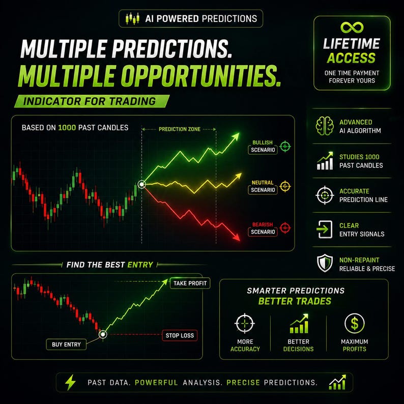 May include: A black digital trading indicator graphic with neon green, yellow, and red text and lines. It features charts showing bullish, neutral, and bearish scenarios based on 1000 past candles, with labels for buy entry, take profit, and stop loss.