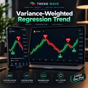 May include: A smartphone and a laptop displaying the Variance-Weighted Regression Trend trading indicator. The screens show financial charts with red and green trend lines, buy and sell signals, and text including Trend Wave, Smarter Trades, Better Decisions.