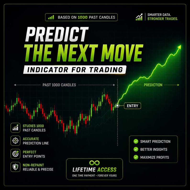 May include: A black digital graphic for a trading indicator featuring the text PREDICT THE NEXT MOVE. It displays a red and green candlestick chart showing past 1000 candles, a green prediction line, an entry point, and lists features like lifetime access.