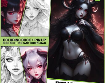 Demon Girls Anime Coloring Pages: Fantasy Pin-Up Girls (Digital Download)
