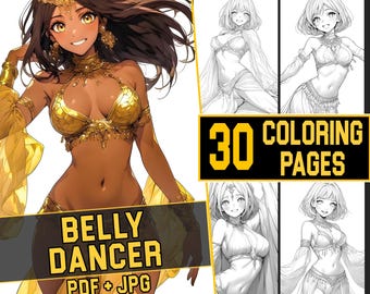 Belly Dancer Coloring Book: 30 Anime Style Pages (PDF & JPG Download)