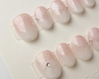 Soft Pink fades white ribbon| Press on nails