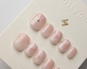 Soft Pink fades white ribbon| Press on nails