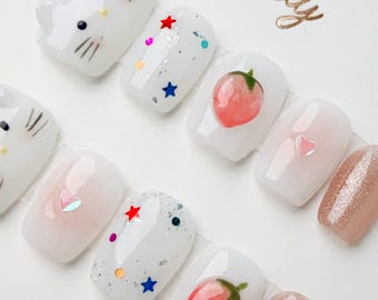 Side Cat Peach White | Press on nails