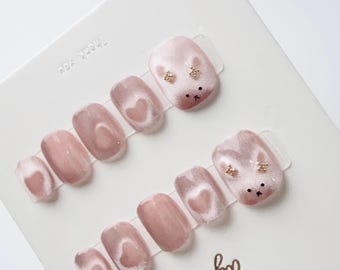 Bunny Blush & Golden Bow | Press on nails