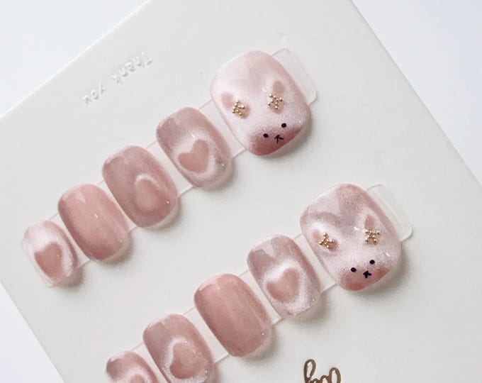 Bunny Blush & Golden Bow | Press on nails