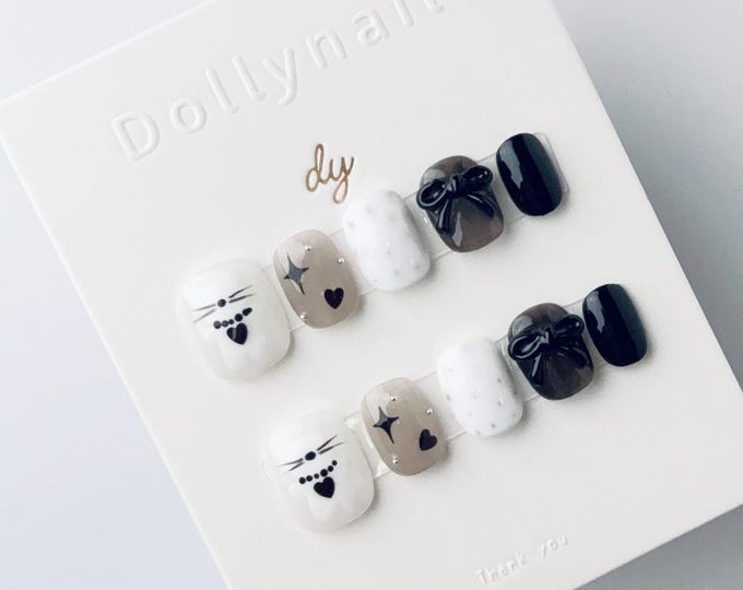 Chérie Cat & Bow  | Press on  Nails