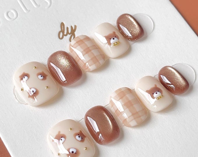 Mocha Gingham Bear | Press on nails