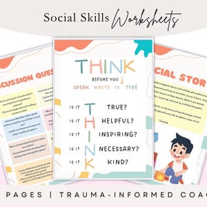 Op de afbeelding: Een set van drie werkbladen met de titel "Social Skills Worksheets". Het centrale werkblad bevat de tekst "THINK voordat je spreekt, schrijft of typt", met vragen om te overwegen. De andere werkbladen bevatten discussievragen en een sociaal verhaal.