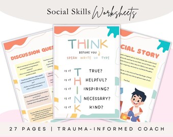 May include: A set of three worksheets with the title "Social Skills Worksheets." The central worksheet features the text "THINK before you speak, write, or type," with questions to consider. The other worksheets include discussion questions and a social story.