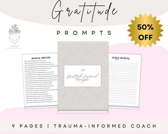 May include: A journal with the words "Gratitude Prompts" in elegant script. The journal is light gray with a white label that reads "120 Gratitude Journal Prompts." Two open pages display journal prompts and lined pages. A gold starburst graphic indicates a 50% off sale.
