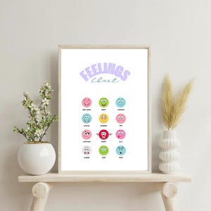 May include: A framed "Feelings Chart" with a light wood frame. The chart features colorful emoji faces representing various emotions, such as happy, sad, and angry. The word "Feelings" is written in a light purple script at the top.