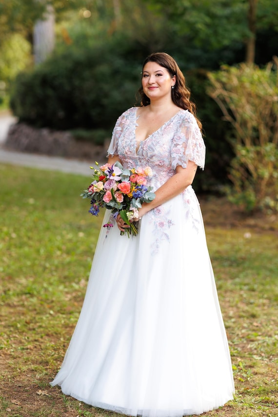 Boho Wedding Dress: Colorful Bohemian Bridal Gown, Flutter Sleeves