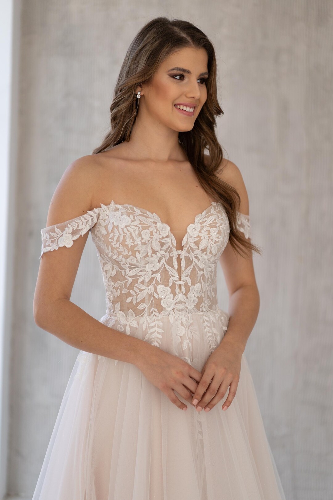 glitter floral and tulle layered wedding dress Andrea and Leo Couture WL045 Tulle A line Wedding Dress 8 / Off White main image 0