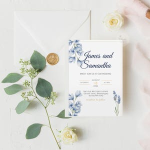 Modello elegante per invito di nozze blu, invito modificabile su Canva, design floreale minimalista, biglietto stampabile con download digitale immediato