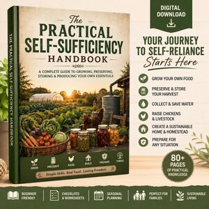 Könnte beinhalten: Das Practical Self-Sufficiency Handbook ist ein digitaler Download-Ratgeber. Das Cover zeigt einen Garten, einen Korb mit Gemüse und Vorratsgläser. Der Text beschreibt Anleitungen zum Anbau, zur Konservierung und zur Lagerung von Lebensmitteln.