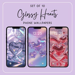 Glossy Hearts Phone Wallpaper Set, Holographic Heart Wallpaper, Kawaii Dreamy Art Wallpaper