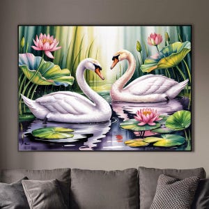 Elegante zwaanprint: romantische roze en groene natuurkunst