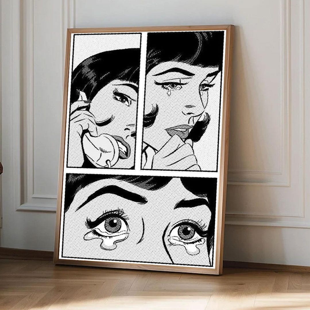 Dramatic Crying Woman Pop Art Print Black and White Comic Book Style ...