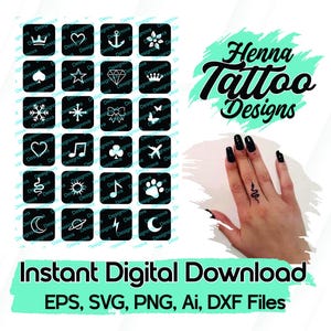 May include: Digital henna tattoo designs with various icons, including crowns, hearts, and stars. The image features the text "Henna Tattoo Designs" and "Instant Digital Download" with file formats listed below. A hand with a small snake tattoo is also visible.