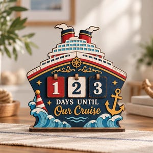 Può includere: Un calendario per il conto alla rovescia in legno a forma di nave da crociera con tre blocchi numerici rotanti, onde blu, una boa a strisce rosse e bianche e un'ancora gialla. Il testo "DAYS UNTIL Our Cruise" è scritto in bianco e giallo.