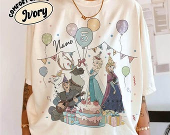 Camiseta de cumpleaños personalizada de Disney Frozen, con nombre personalizado y edad, ideal como regalo de cumpleaños para Elsa, Anna, Olaf y Sven.