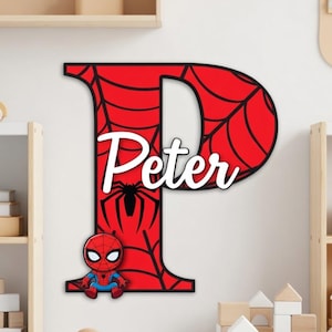 Personalized Wooden Letter Hero Name Sign, Custom Kids Room Decor, Custom Name Wood Letter Spider Man, Nursery & Kids Playroom Name Sign