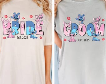 Shirt Stitch Angel Bride Groom, Disney Couple Matching Tee, Gepersonaliseerd Just Married Shirt, Custom Wedding Est. T-shirt