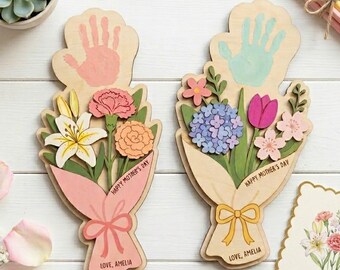Personalized Mother's Day Flower Bouquet Wooden Sign, Custom Kid Handprint Sign, Grandma Flower Garden Wood Sign, Handprint Floral Keepsake